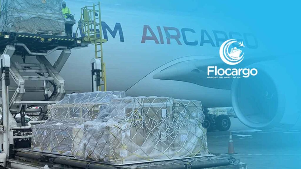 Airplane loading air freight packages onboard