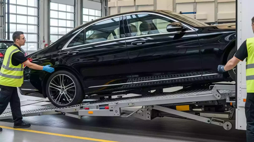 A luxury car being loaded for shipping, showcasing FloCargo's secure FLO-AUTO service