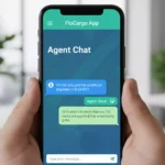 A user holding a smartphone showing the FloCargo App Agent chat interface