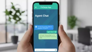 A user holding a smartphone showing the FloCargo App Agent chat interface