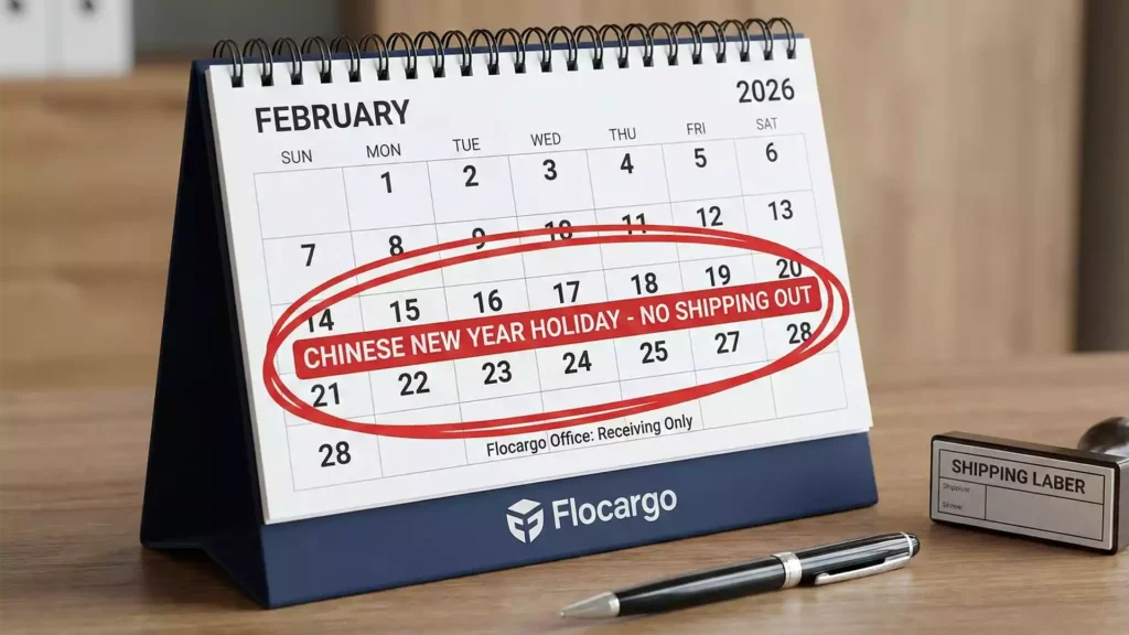 Calendar highlighting Chinese New Year shipping dates and Flocargo office schedules