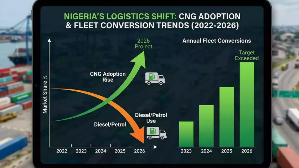 Graph illustrating the rapid rise of CNG adoption logistics Nigeria 2026 and increasing fleet conversion rates