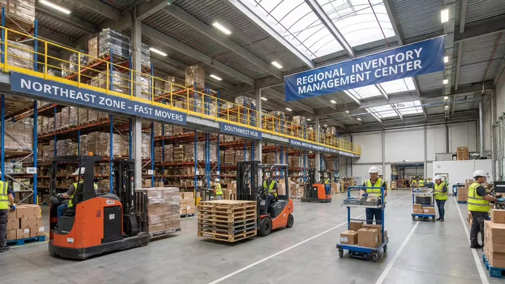 Warehouse workers managing stock in a facility designed for regionalized inventory management