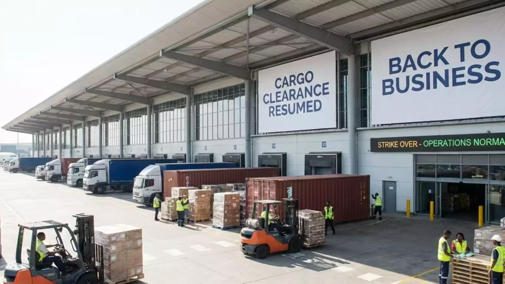 Busy terminal showing that cargo clearance has resumed after the strike
