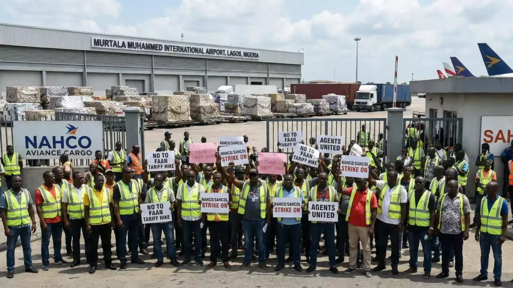 Protesting agents at Lagos airport impacting the NAHCO SAHCOL strike update and cargo logistics_sd