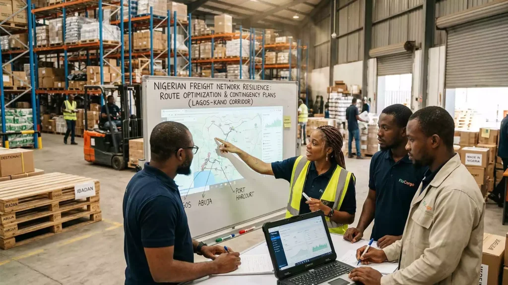 Team improving Nigerian freight network resilience inside warehouse.