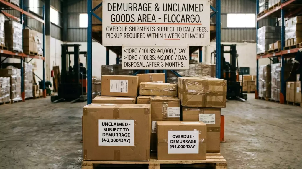 Boxes in a Flocargo warehouse subject to package demurrage charges