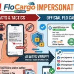 Illustration warning about FloCargo impersonator scams and showing official FloCargo communication channels