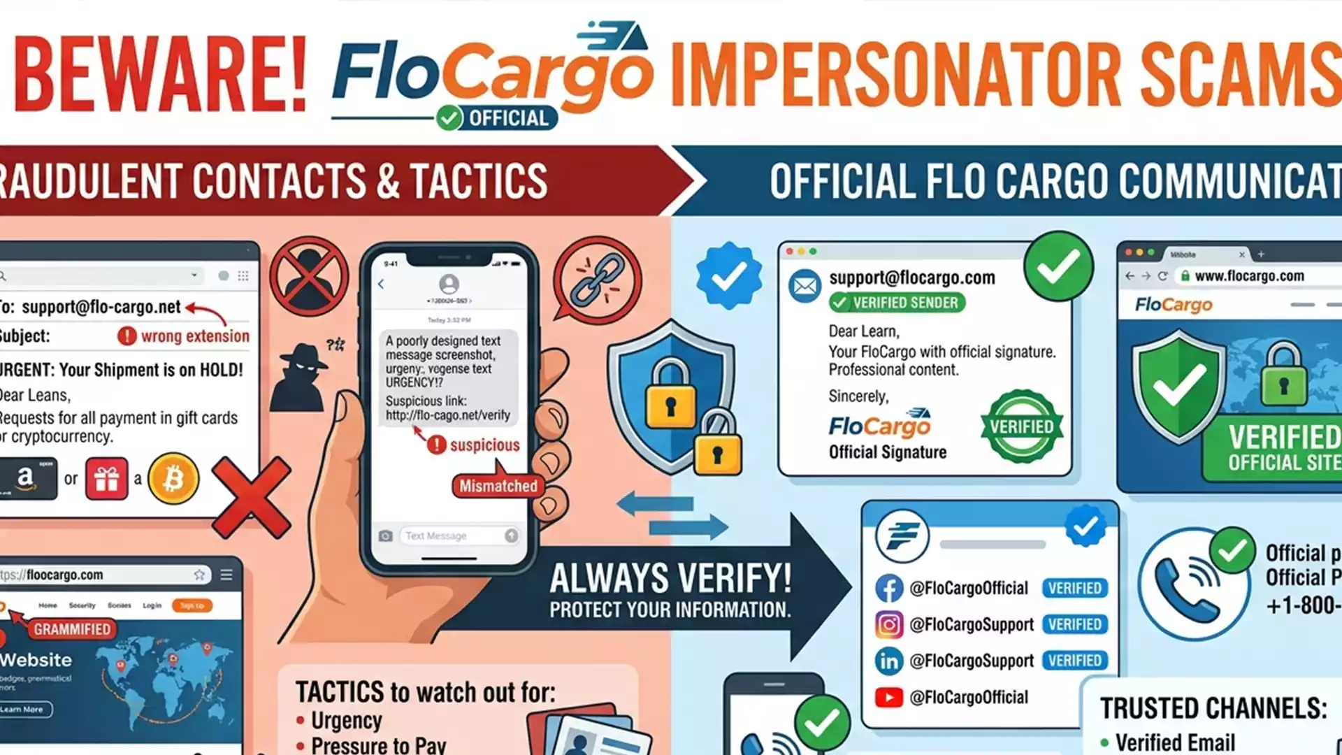 Illustration warning about FloCargo impersonator scams and showing official FloCargo communication channels