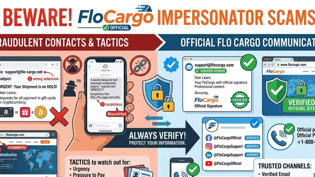 Illustration warning about FloCargo impersonator scams and showing official FloCargo communication channels