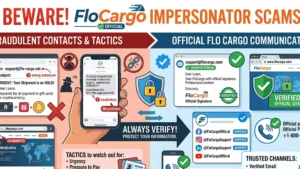 Illustration warning about FloCargo impersonator scams and showing official FloCargo communication channels