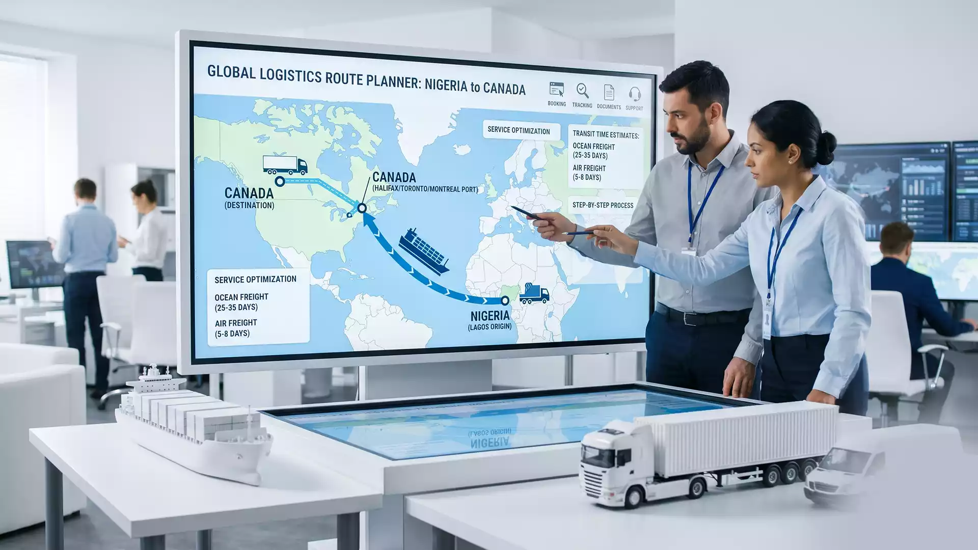 A professional logistics map and transport vehicles designed for Shipping Goods from Nigeria to Canada.