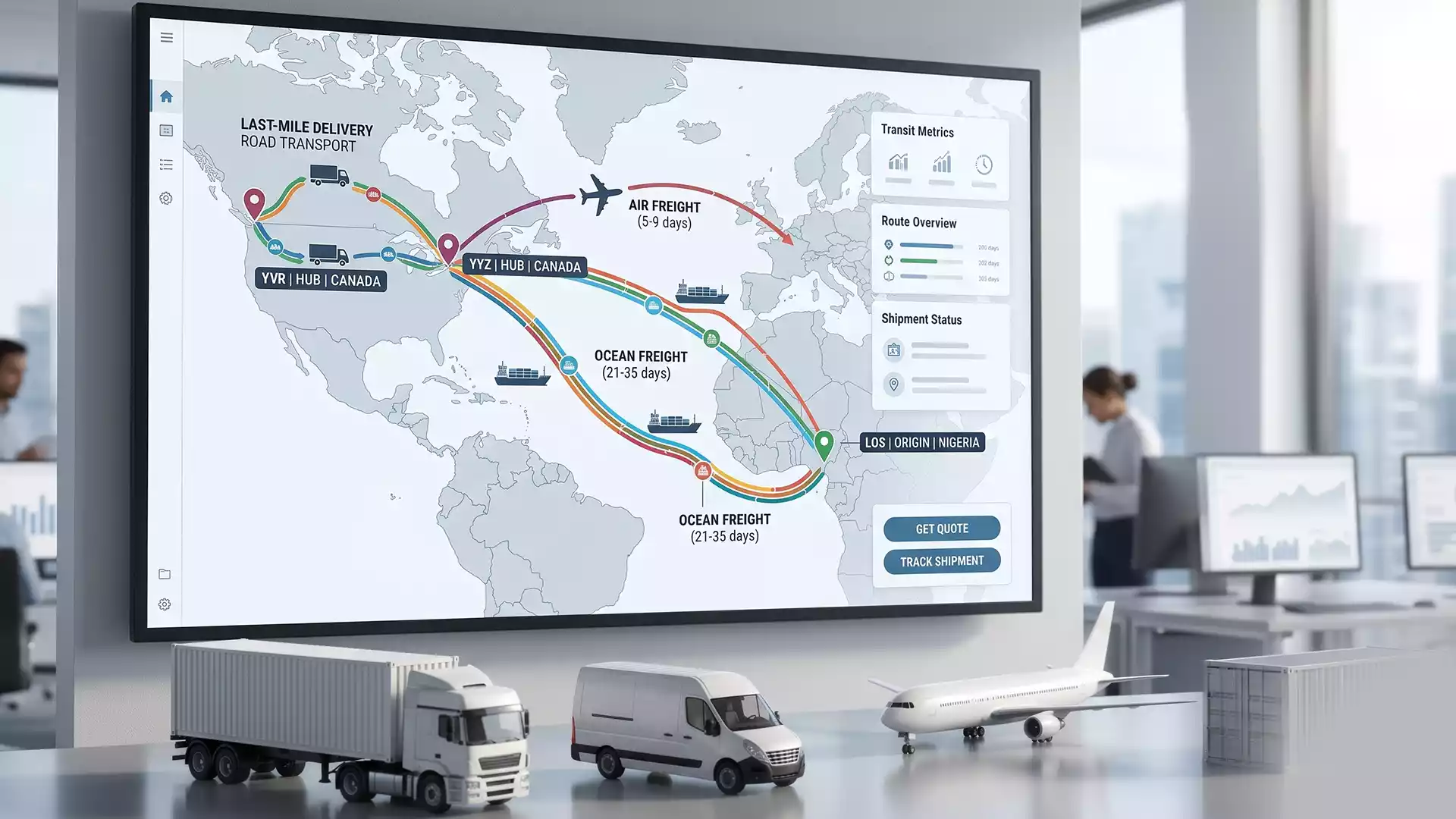 A professional logistics map and transport vehicles designed to help users Shipping Goods from Nigeria to Canada made easy.