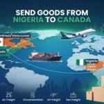 A comprehensive infographic detailing the logistics to Send Goods from Nigeria to Canada, including shipping routes, air freight, sea freight, and packaging services.