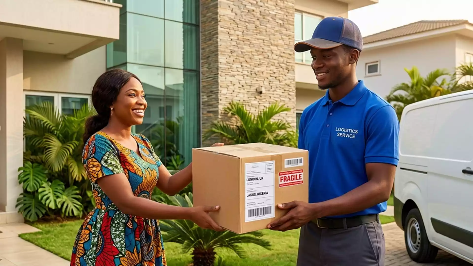 A happy customer receiving a package, demonstrating how to ship from Walmart to Nigeria safely.