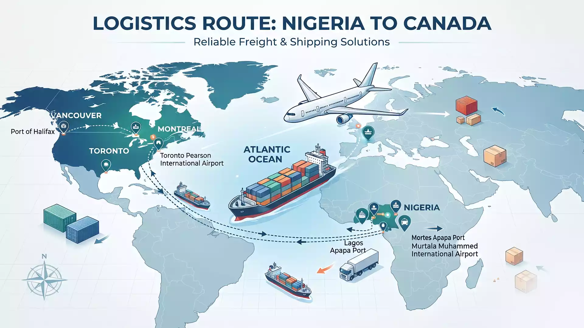A professional logistics map and transport vehicles designed to help users in Shipping goods from Nigeria to Canada