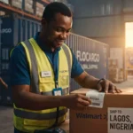 Warehouse worker processing a package labeled 'Walmart shipping to Lagos, Nigeria' in a Flocargo facility.