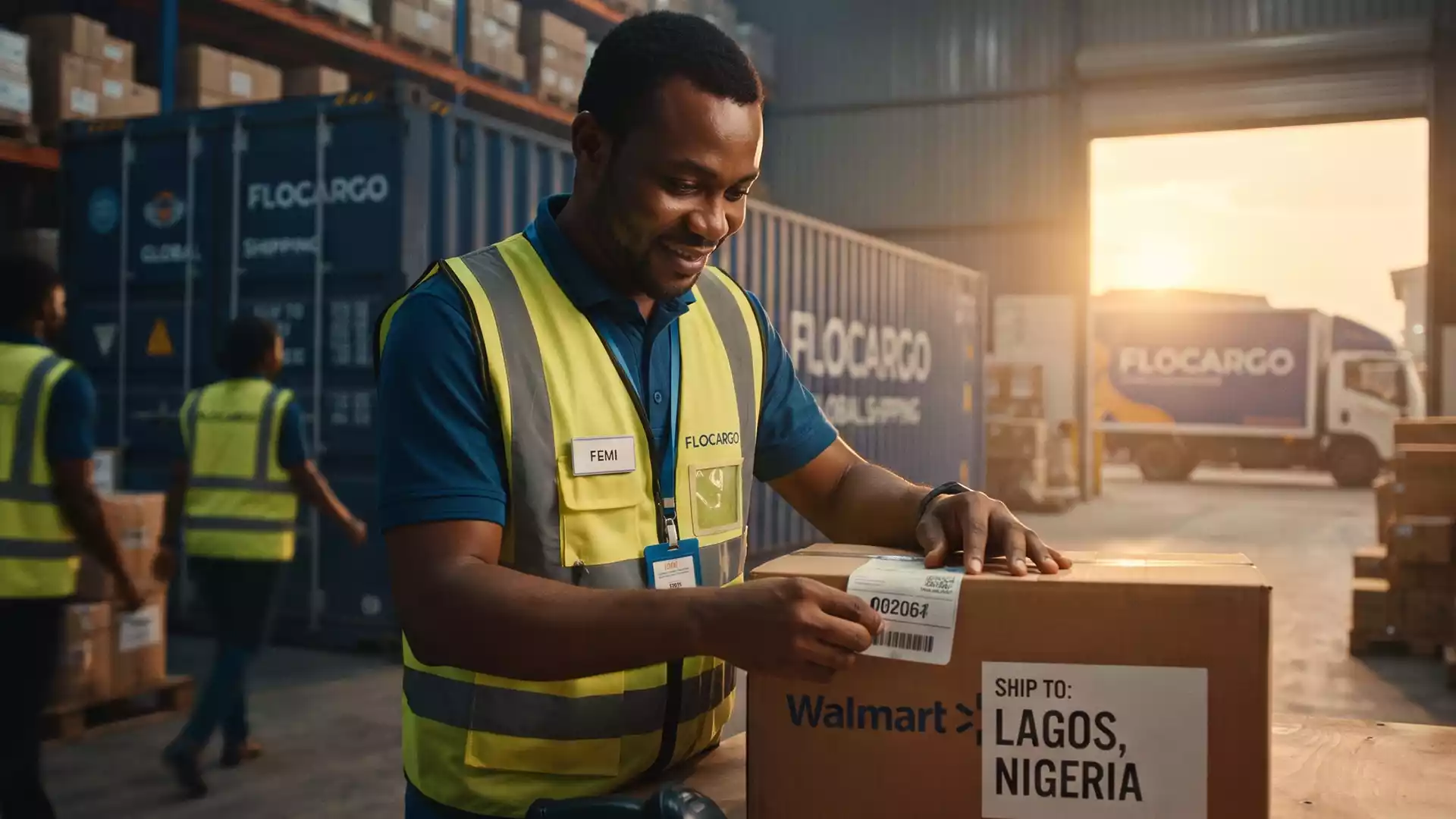 Warehouse worker processing a package labeled 'Walmart shipping to Lagos, Nigeria' in a Flocargo facility.