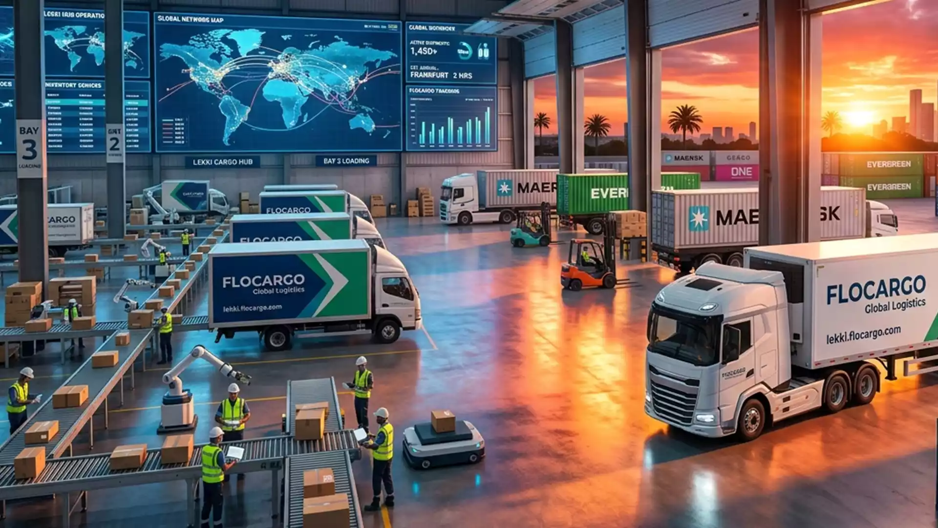 Flocargo international shipping Lekki global freight forwarding and warehouse management illustration