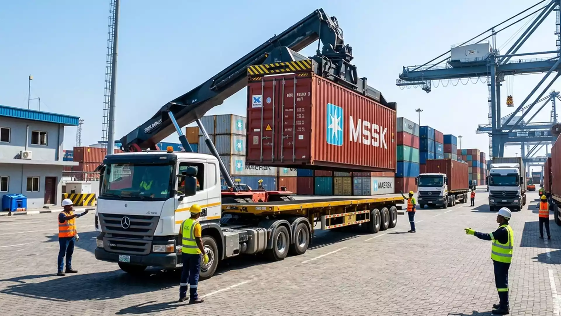 Professional FloCargo logistics team managing efficient Lagos cargo shipping solutions at a busy terminal.