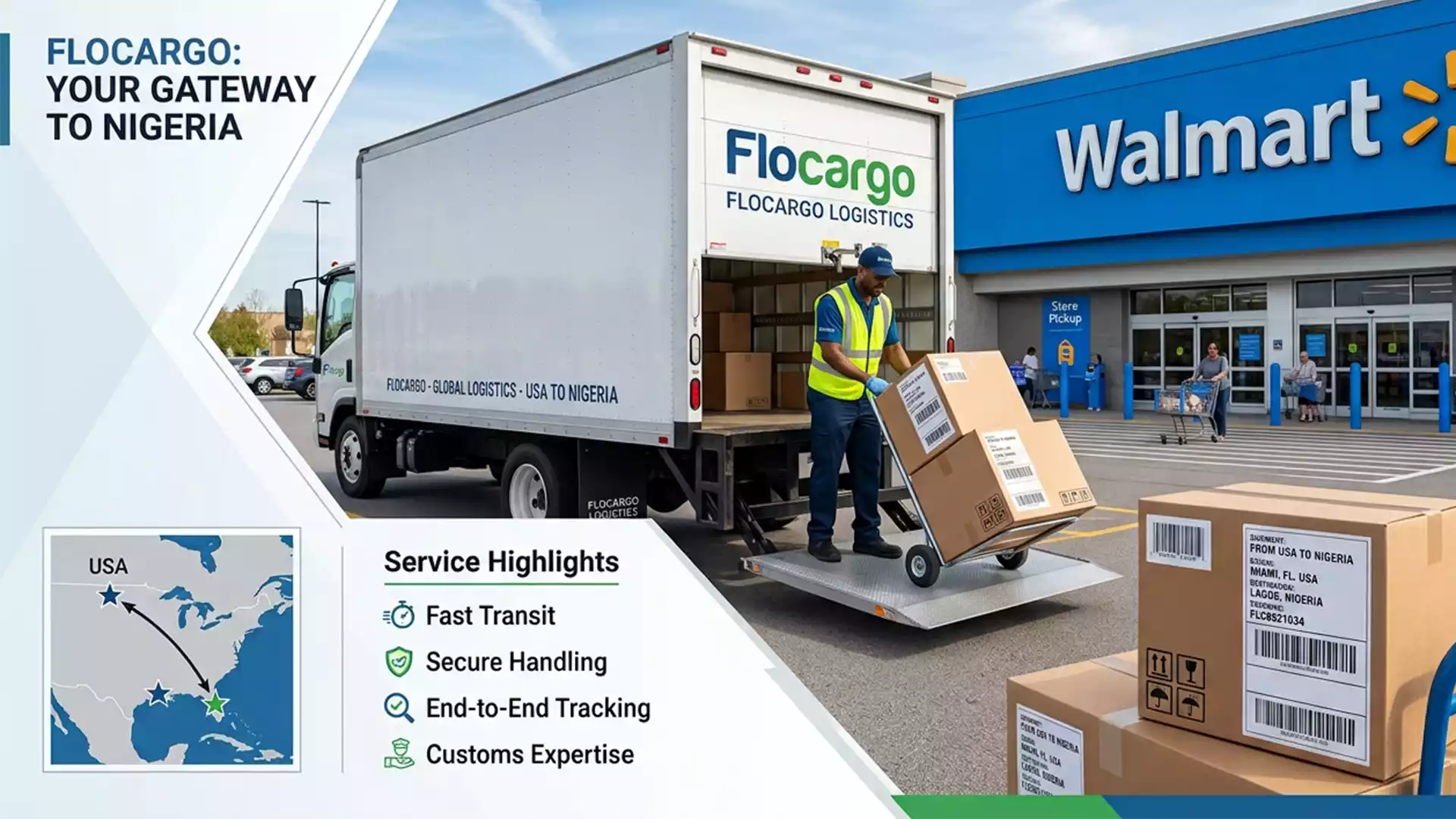 Secure shipping services from Walmart USA to Nigeria with Flocargo logistics