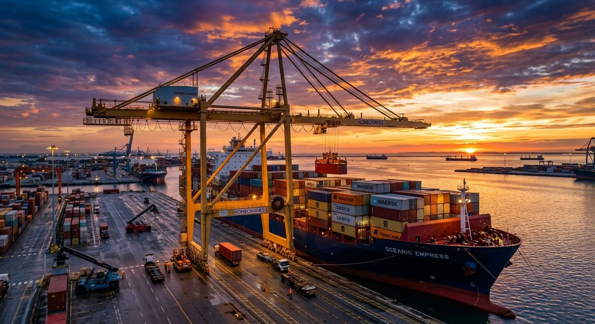 A large cargo container being loaded onto a ship for international logistics operations.