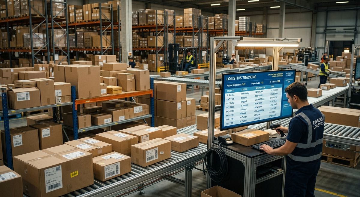 A modern warehouse setting showcasing professional international freight and logistics shipping services.