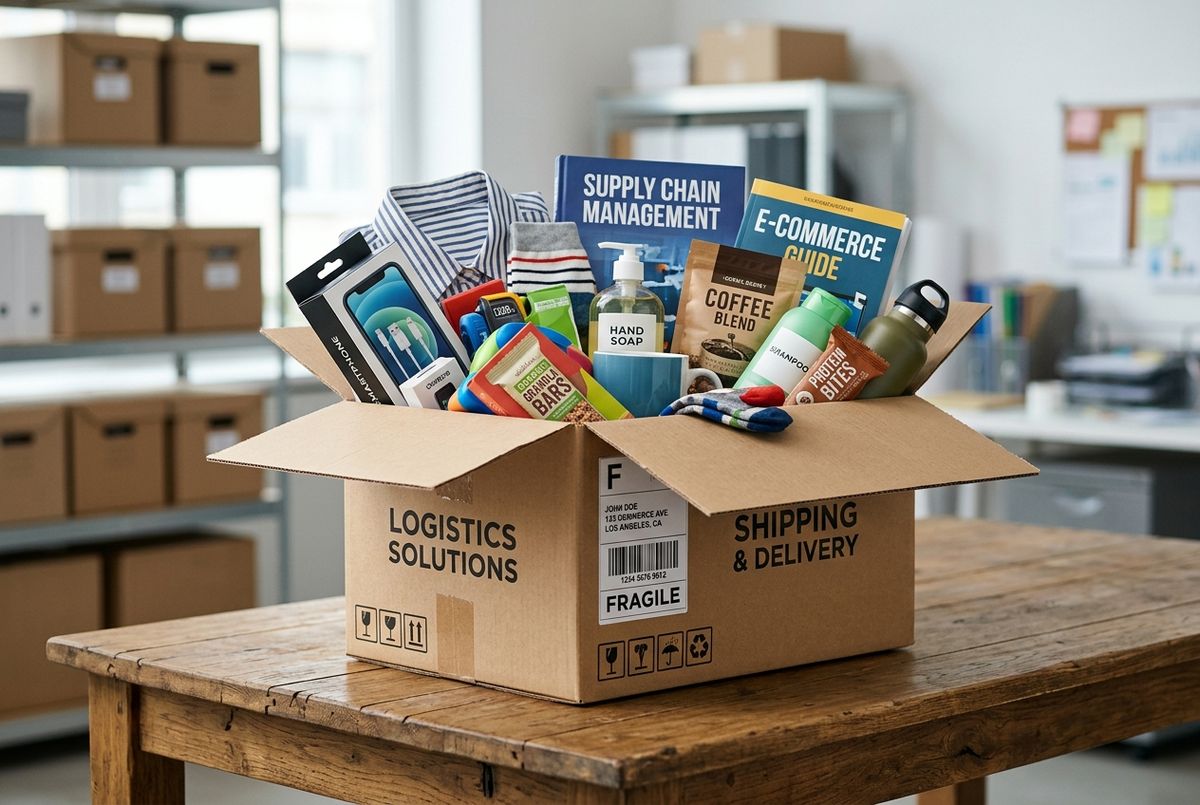 Cardboard shipping box filled with products for delivery from US stores to Nigeria.