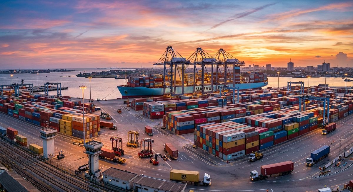 Professional cargo ships and containers at a busy port representing efficient logistics services.