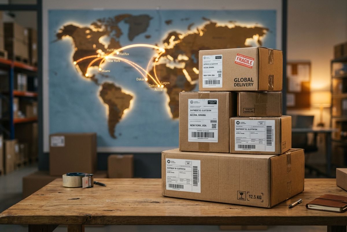 Professional logistics boxes being prepared for international delivery to Nigeria