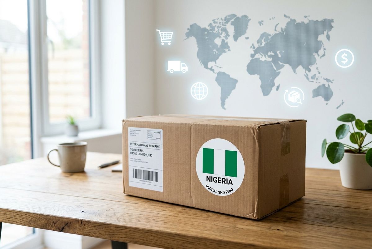 A secure package ready for shipping from a US store to a customer in Nigeria.