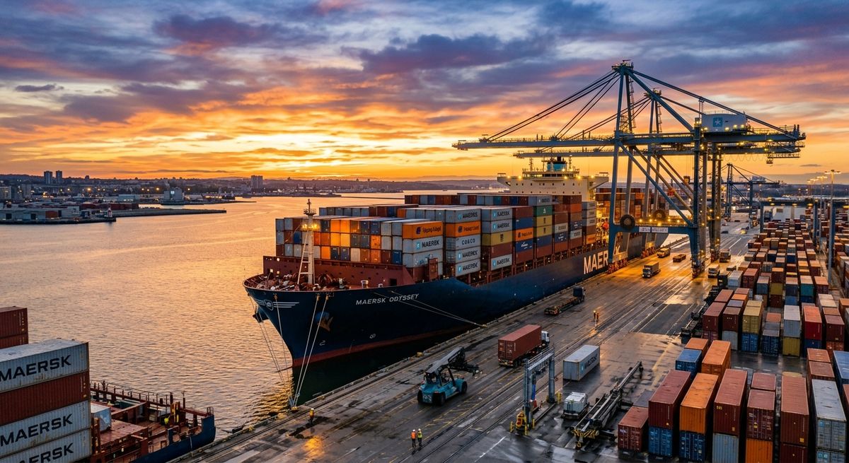 Large cargo ship at a port representing a professional USA-Nigeria Shipping company logistics operation.