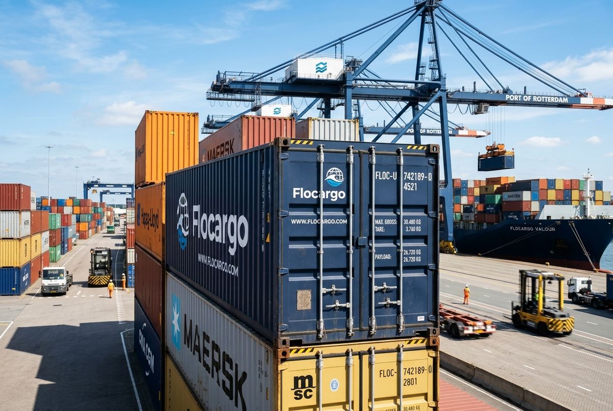 A modern shipping container representing a reliable USA-Nigeria Shipping company service at a global trade port.