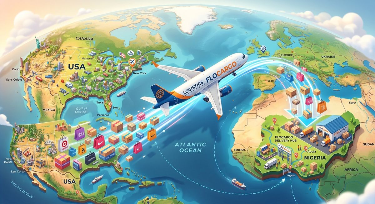 Visual logistics map for USA Stores Shipping Nigeria service showing international delivery routes.
