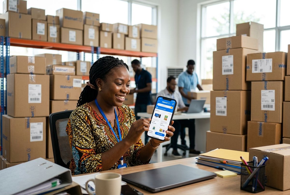 A happy shopper browsing for Walmart deals online to prepare for international shipping to Nigeria.