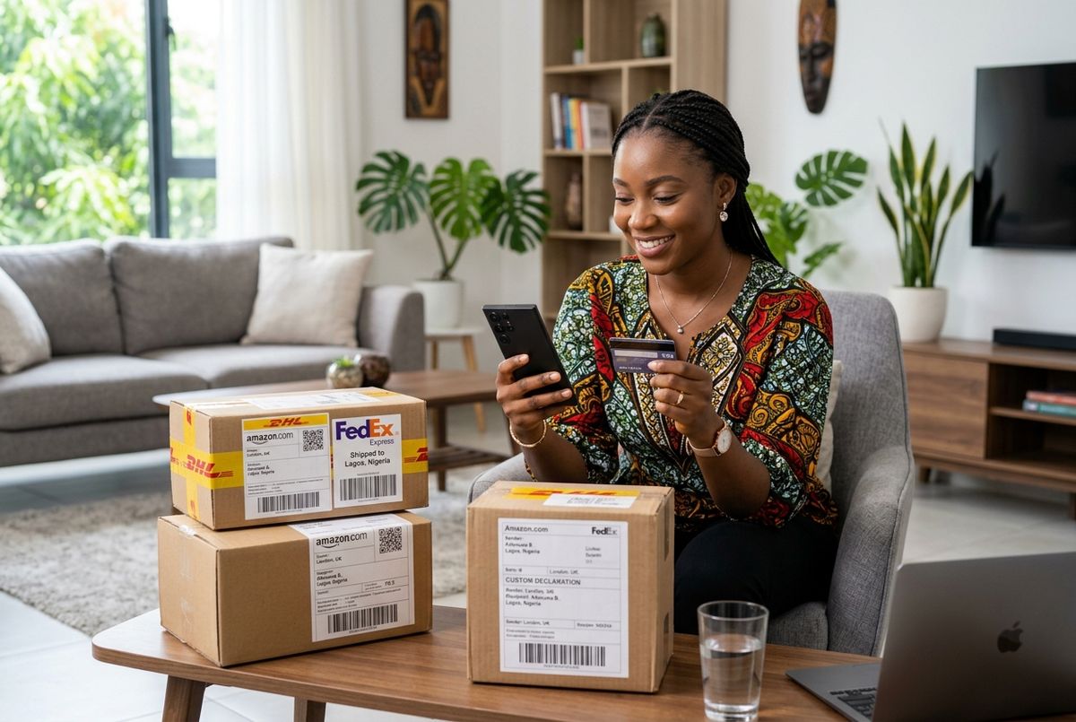 A person using a credit card for international online shopping with global shipping packages.