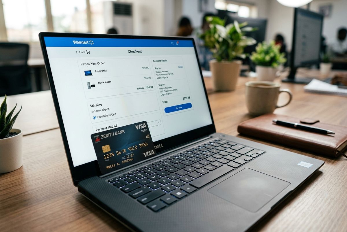Close up of a Nigerian bank card being used to shop on the Walmart website on a laptop.