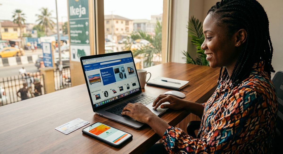 A shopper in Nigeria using a virtual Walmart Pay Nigeria Card for international online shopping.