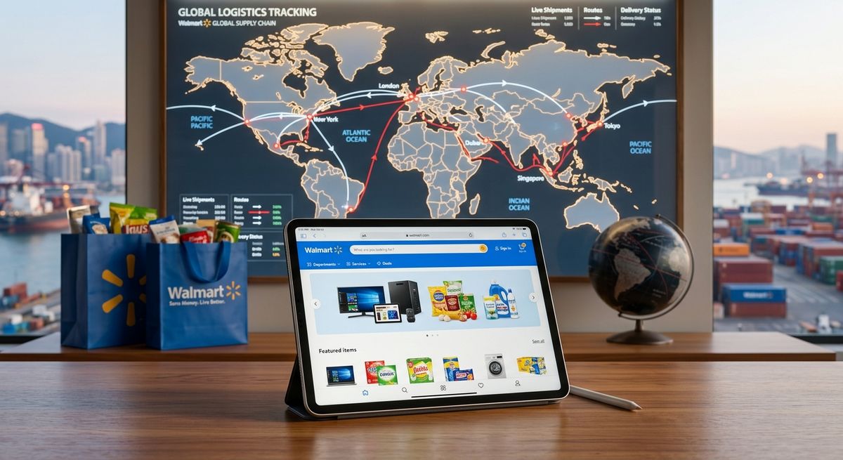 Woman shopping on Walmart online using a tablet for global delivery to Nigeria.
