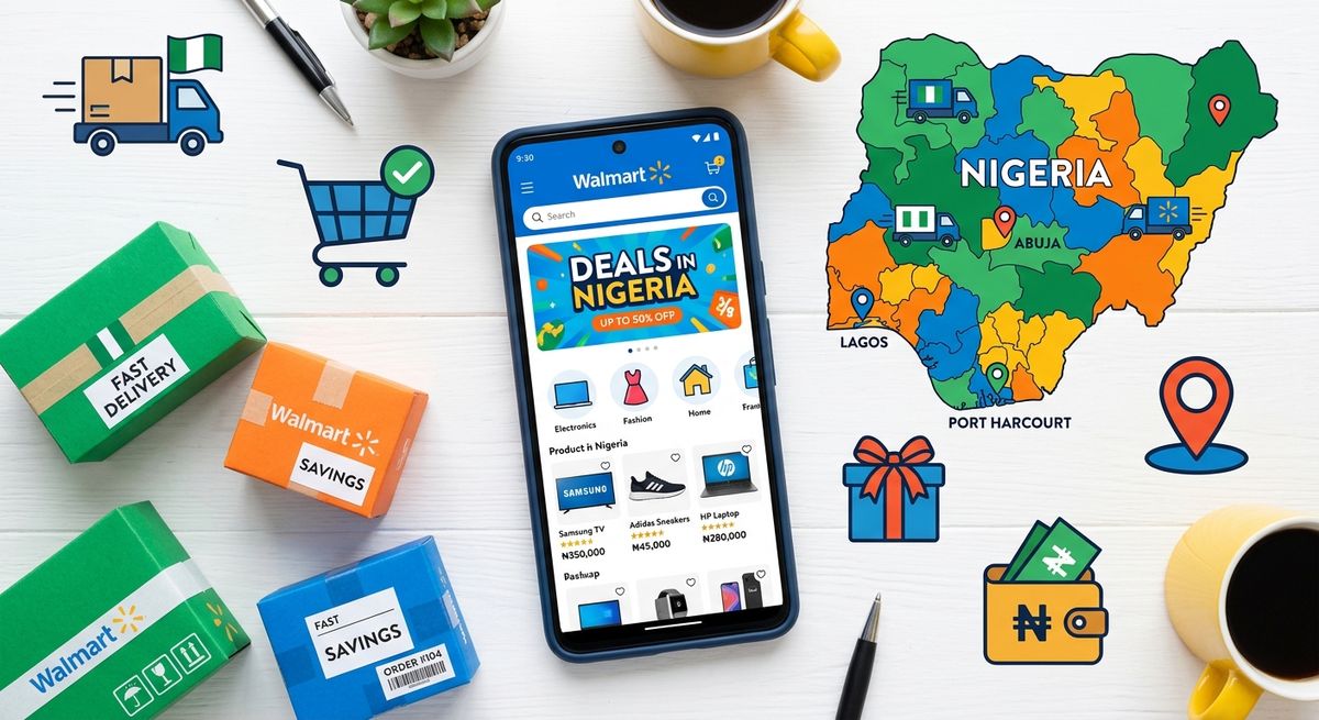Online shopping interface showing Walmart sales with shipping logistics icons for Nigeria customers