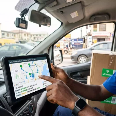 A delivery driver operating IoT last-mile delivery tracking dashboard