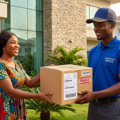 A happy customer receiving a package, demonstrating how to ship from Walmart to Nigeria safely.