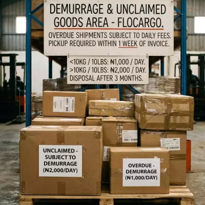 Boxes in a Flocargo warehouse subject to package demurrage charges