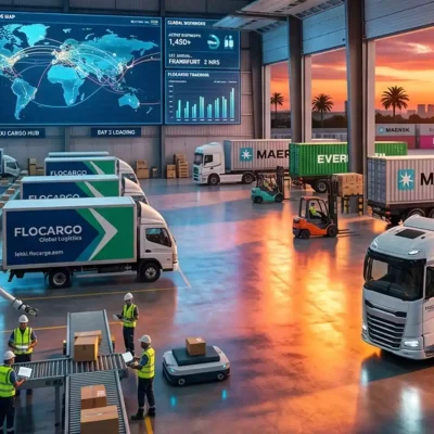Flocargo international shipping Lekki global freight forwarding and warehouse management illustration