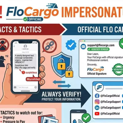 Illustration warning about FloCargo impersonator scams and showing official FloCargo communication channels