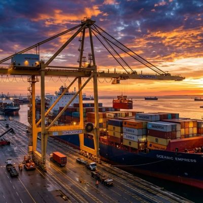 A large cargo container being loaded onto a ship for international logistics operations.