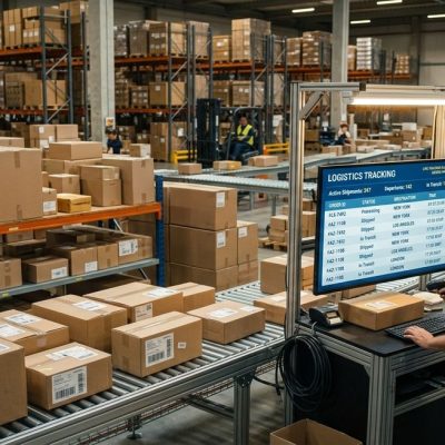A modern warehouse setting showcasing professional international freight and logistics shipping services.