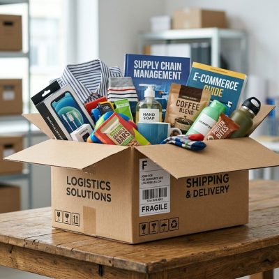 Cardboard shipping box filled with products for delivery from US stores to Nigeria.