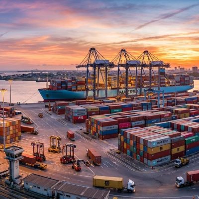 Professional cargo ships and containers at a busy port representing efficient logistics services.