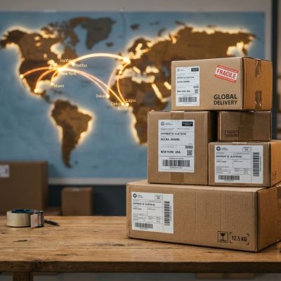 Professional logistics boxes being prepared for international delivery to Nigeria